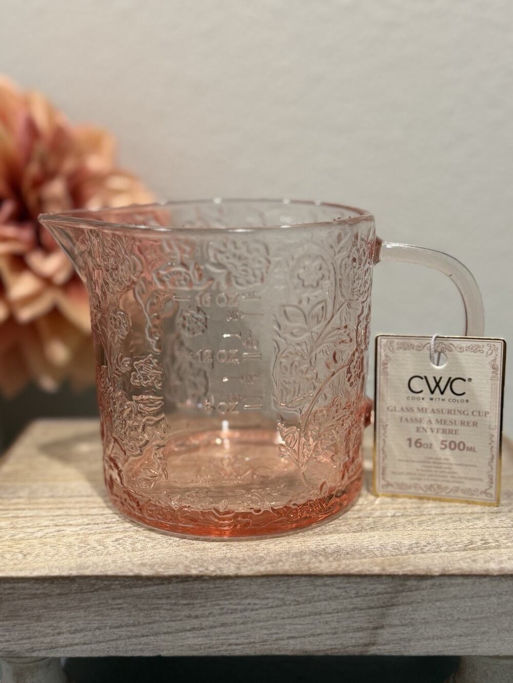 CWC Cook With Color Blush Pink Floral Glass Measuring Cup 16oz ~ 2 Cups NEW
